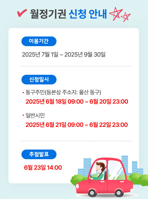월 정기권 신청 안내
이용기간
2025년 7월 1일 ~ 2025년 9월 30일
신청 일시

동구주민(등본상 주소지 울산동구)
6월 18일 09:00 ~ 6월 20일 23:00

일반시민
6월 21일 07:00 ~ 6월 22일 23:00
추첨발표
9월 23일 14:00
